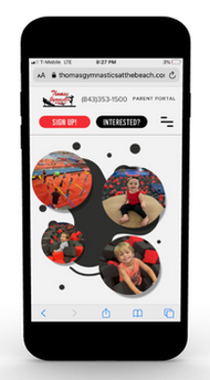Thomas Gymnastics at the Beach website shown on a mobile phone