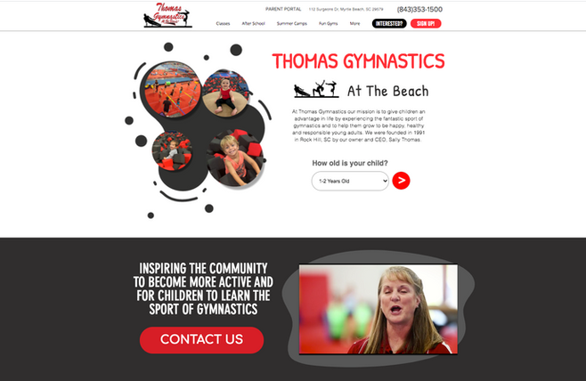 Thomas Gymnastics at the Beach website shown on a desktop monitor