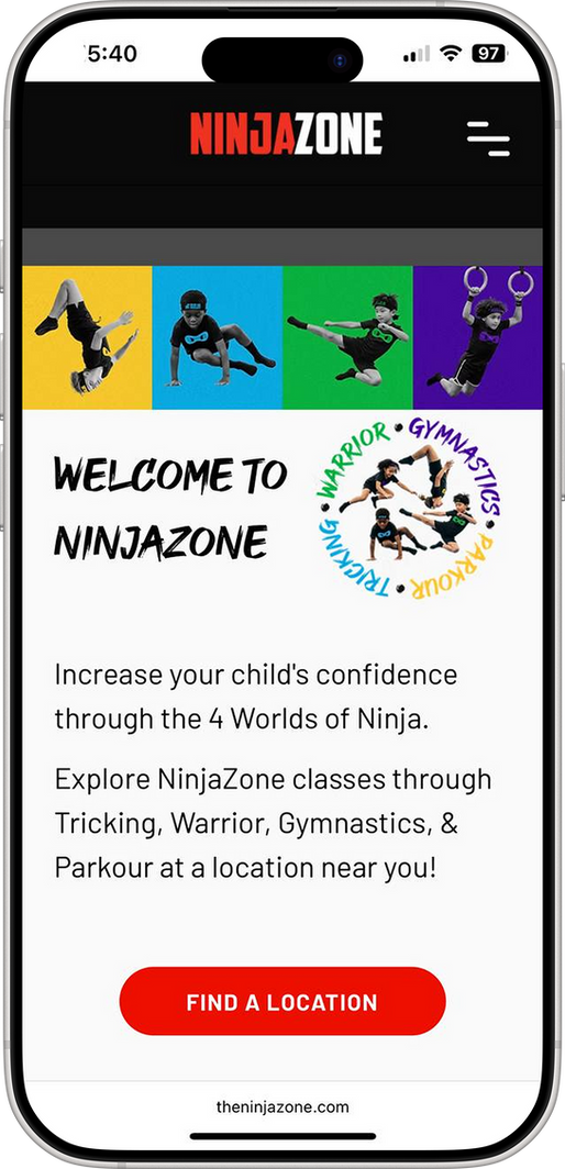 NinjaZone mobile website built by The Gymnastics Marketing Company