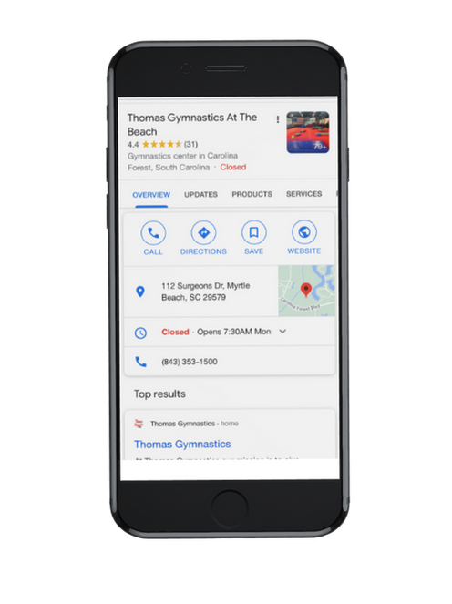 Phone showing a Google Business Profile for a gymnastics center